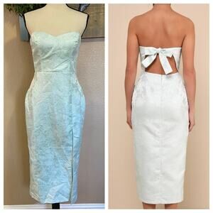 NWOT Lulus Beloved Belle Mint Green Jacquard Strapless Bow Midi Dress